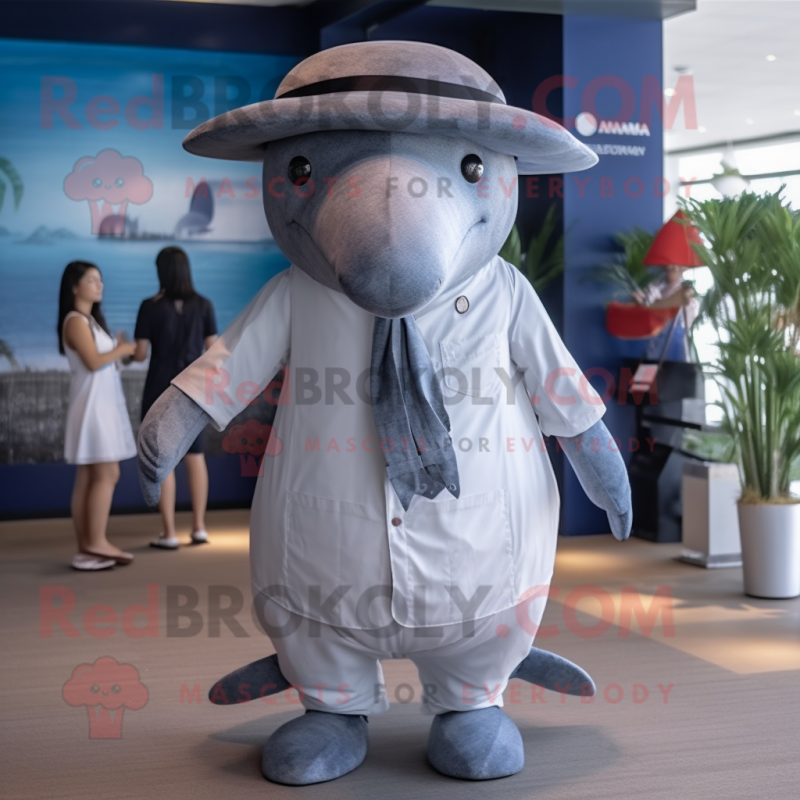 Gray Humpback Whale mascot costume character dressed with a Playsuit and Hats