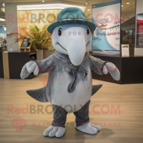 Gray Humpback Whale mascot costume character dressed with a Playsuit and Hats