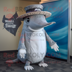 Gray Humpback Whale mascot costume character dressed with a Playsuit and Hats
