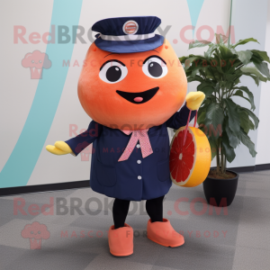 Navy Grapefruit mascot costume character dressed with a A-Line Dress and Backpacks