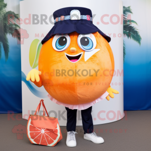 Navy Grapefruit mascot costume character dressed with a A-Line Dress and Backpacks
