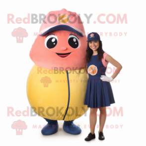 Navy Grapefruit mascot costume character dressed with a A-Line Dress and Backpacks