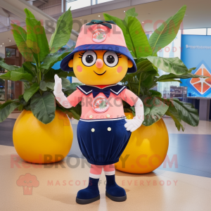 Navy Grapefruit mascot costume character dressed with a A-Line Dress and Backpacks