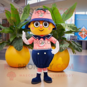 Navy Grapefruit mascot costume character dressed with a A-Line Dress and Backpacks