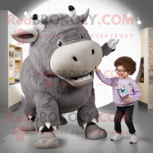 Gray Woolly Rhinoceros mascot costume character dressed with a Jeggings and Shoe clips