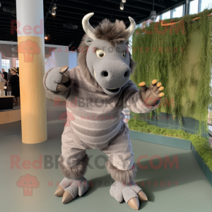 Gray Woolly Rhinoceros mascot costume character dressed with a Jeggings and Shoe clips