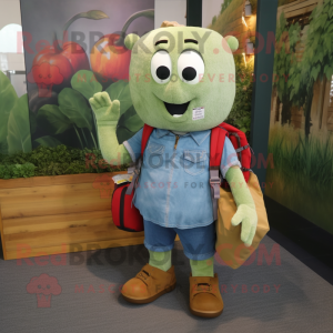 Olive Raspberry mascot costume character dressed with a Denim Shirt and Backpacks