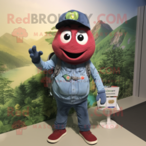 Olive Raspberry mascot costume character dressed with a Denim Shirt and Backpacks