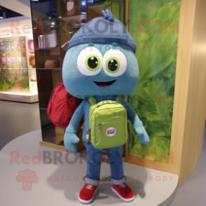 Olive Raspberry mascot costume character dressed with a Denim Shirt and Backpacks