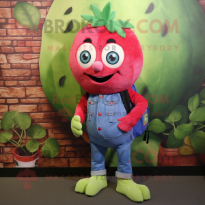 Olive Raspberry mascot costume character dressed with a Denim Shirt and Backpacks