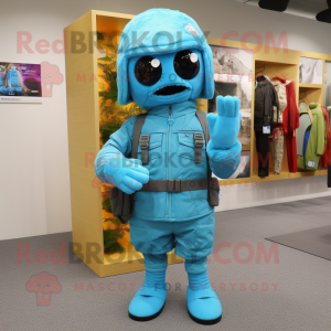 Sky Blue Para Commando mascot costume character dressed with a Parka and Shoe laces