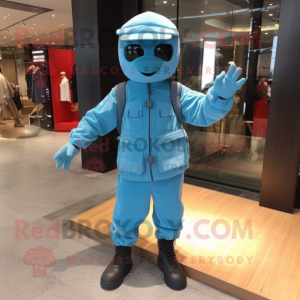 Sky Blue Para Commando mascot costume character dressed with a Parka and Shoe laces