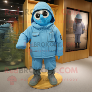 Sky Blue Para Commando mascot costume character dressed with a Parka and Shoe laces