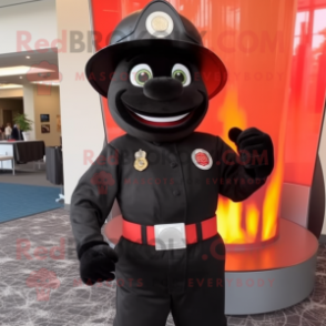 Black Fire Fighter mascot costume character dressed with a Turtleneck and Suspenders