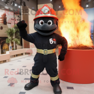 Black Fire Fighter mascot costume character dressed with a Turtleneck and Suspenders