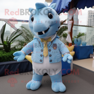 Sky Blue Ankylosaurus mascot costume character dressed with a Corduroy Pants and Pocket squares