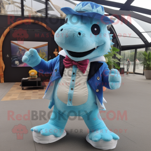 Sky Blue Ankylosaurus mascot costume character dressed with a Corduroy Pants and Pocket squares