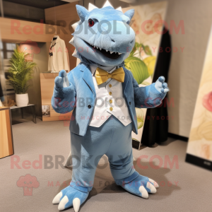 Sky Blue Ankylosaurus mascot costume character dressed with a Corduroy Pants and Pocket squares