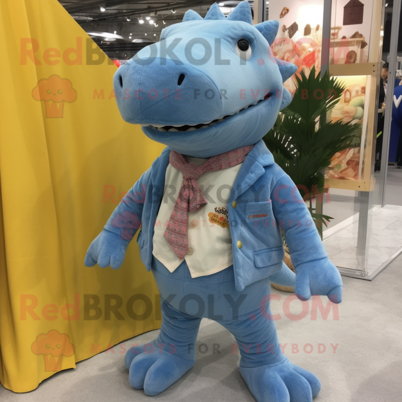 Sky Blue Ankylosaurus mascot costume character dressed with a Corduroy Pants and Pocket squares