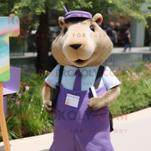 Lavender Capybara mascot costume character dressed with a Pencil Skirt and Suspenders