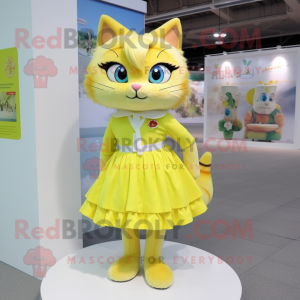 Lemon Yellow Cat mascot costume character dressed with a Skirt and Hair clips