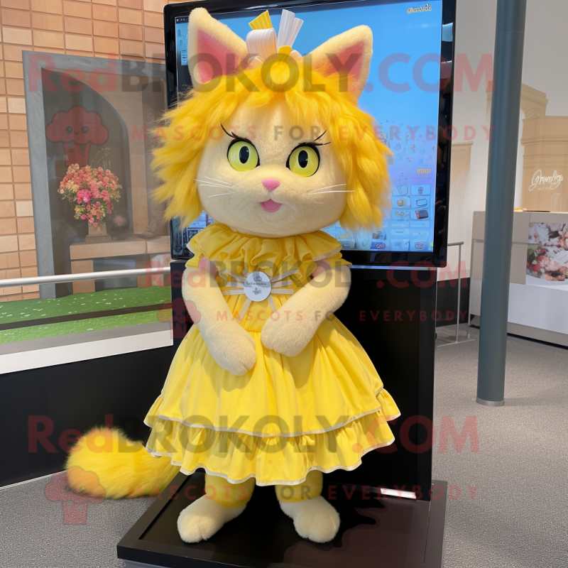 Lemon Yellow Cat mascot costume character dressed with a Skirt and Hair clips Lemon Yellow Cat mascot costume character dressed with a Skirt and Hair clips