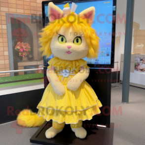 Lemon Yellow Cat mascot costume character dressed with a Skirt and Hair clips