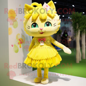 Lemon Yellow Cat mascot costume character dressed with a Skirt and Hair clips