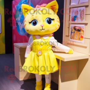 Lemon Yellow Cat mascot costume character dressed with a Skirt and Hair clips