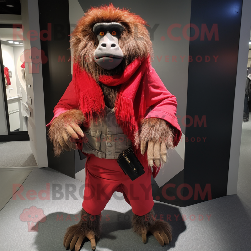 Red Baboon mascot costume character dressed with a Suit Pants and Scarves