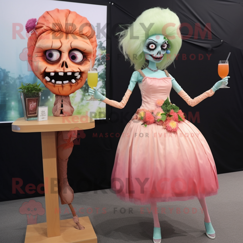 Peach Zombie mascot costume character dressed with a Cocktail Dress and Hairpins