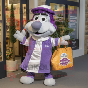 Lavender Moussaka mascot costume character dressed with a Trousers and Tote bags