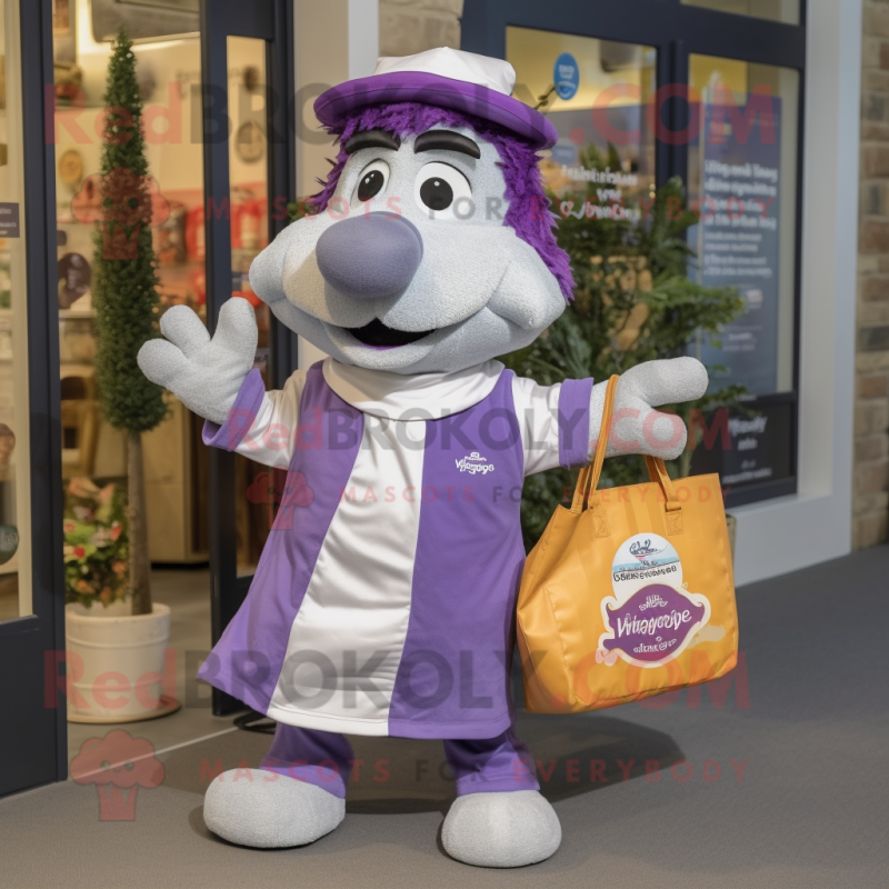 Lavender Moussaka mascot costume character dressed with a Trousers and Tote bags