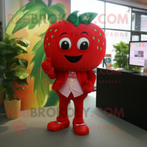 Red Strawberry mascot costume character dressed with a Suit Pants and Anklets