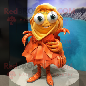Orange Hermit Crab mascot costume character dressed with a Mini Skirt and Scarf clips