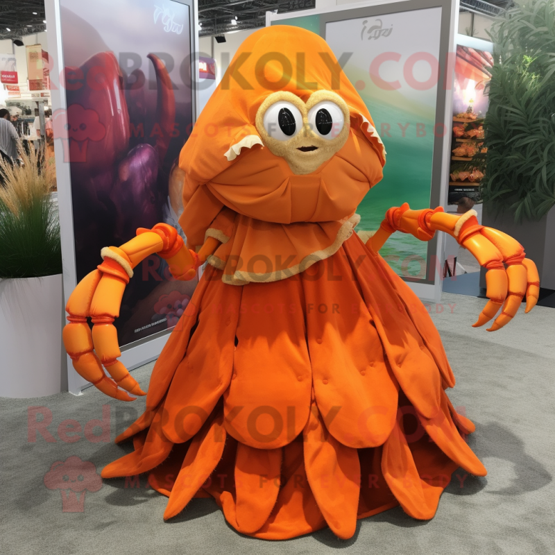 Orange Hermit Crab mascot costume character dressed with a Mini Skirt and Scarf clips