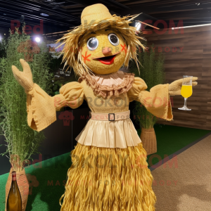 Gold Scarecrow mascot costume character dressed with a Cocktail Dress and Hairpins