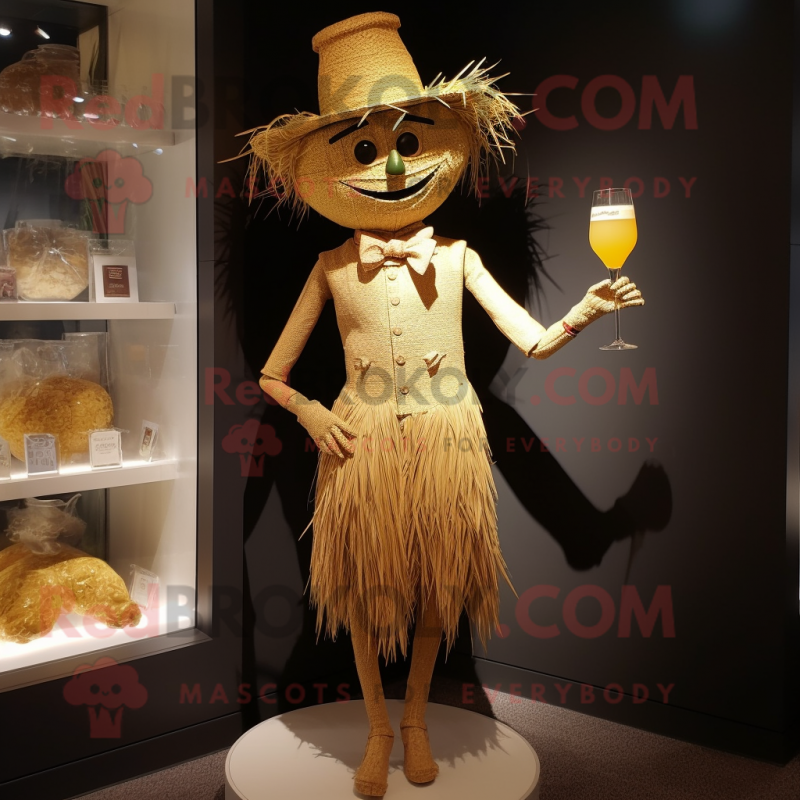 Gold Scarecrow mascot costume character dressed with a Cocktail Dress and Hairpins Gold Scarecrow mascot costume character dressed with a Cocktail Dress and Hairpins