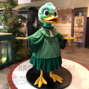 Forest Green Gosling mascot costume character dressed with a Circle Skirt and Shawls