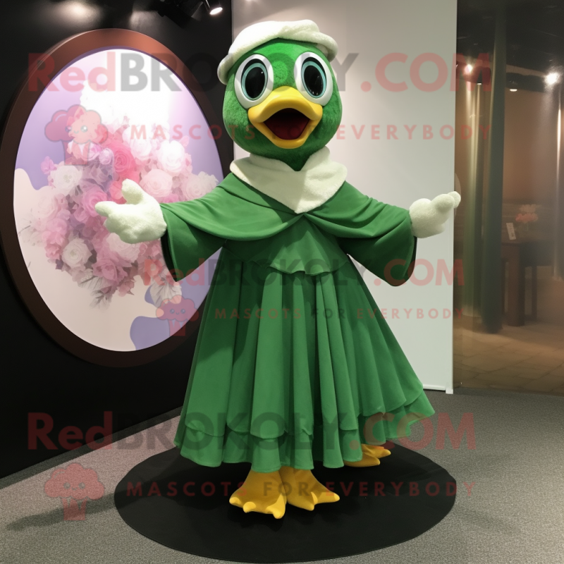 Forest Green Gosling mascot costume character dressed with a Circle Skirt and Shawls Forest Green Gosling mascot costume character dressed with a Circle Skirt and Shawls
