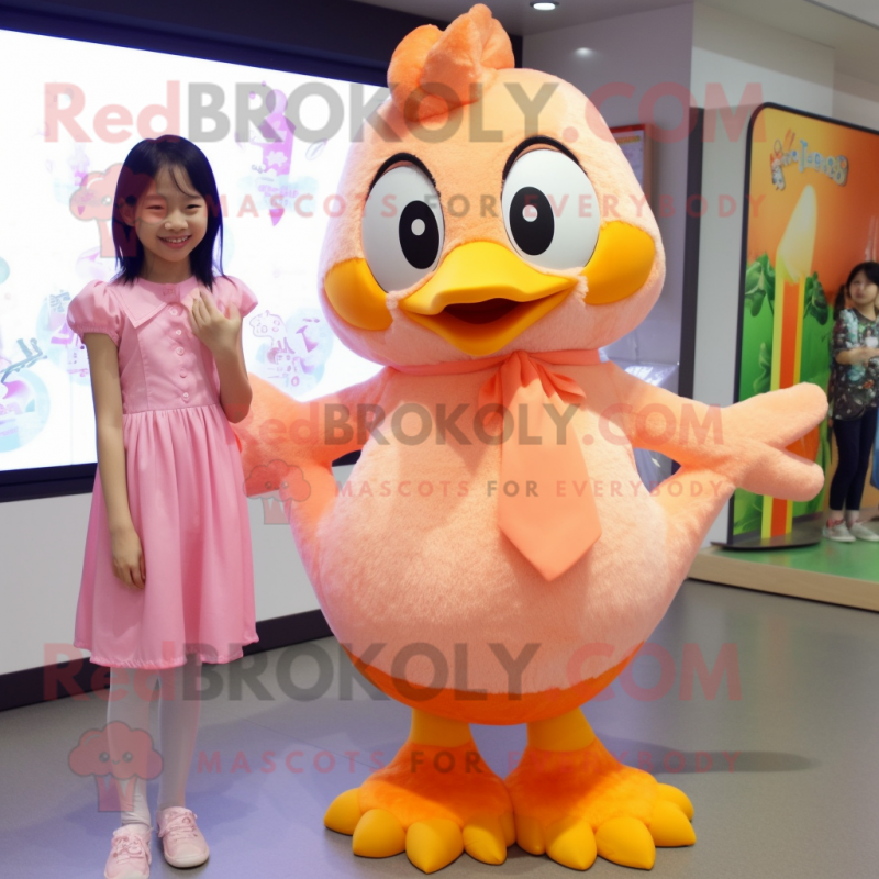 Peach Chicken mascot costume character dressed with a A-Line Dress and Hair clips