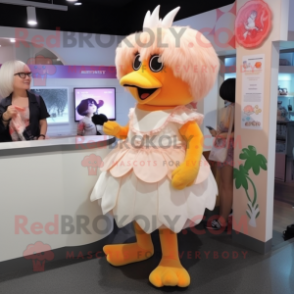 Peach Chicken mascot costume character dressed with a A-Line Dress and Hair clips