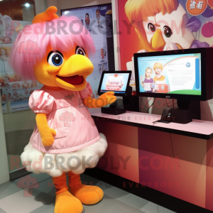 Peach Chicken mascot costume character dressed with a A-Line Dress and Hair clips