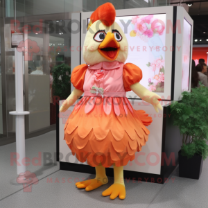 Peach Chicken mascot costume character dressed with a A-Line Dress and Hair clips