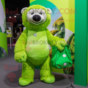 Lime Green Sloth Bear mascot costume character dressed with a Graphic Tee and Handbags