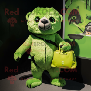 Lime Green Sloth Bear mascot costume character dressed with a Graphic Tee and Handbags