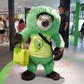 Lime Green Sloth Bear mascot costume character dressed with a Graphic Tee and Handbags