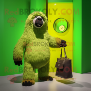 Lime Green Sloth Bear mascot costume character dressed with a Graphic Tee and Handbags