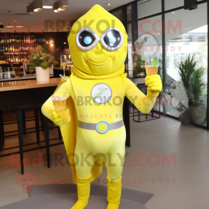 Lemon Yellow Superhero mascot costume character dressed with a Cocktail Dress and Brooches