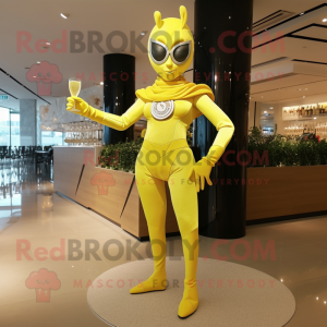 Lemon Yellow Superhero mascot costume character dressed with a Cocktail Dress and Brooches